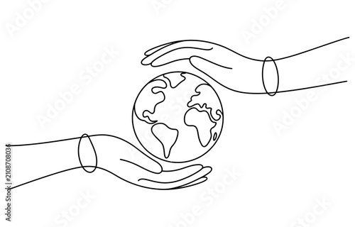 Two hands holding the earth globe in a simple continuous line drawing style for environmental protection and global awareness concept art Vector, illustration