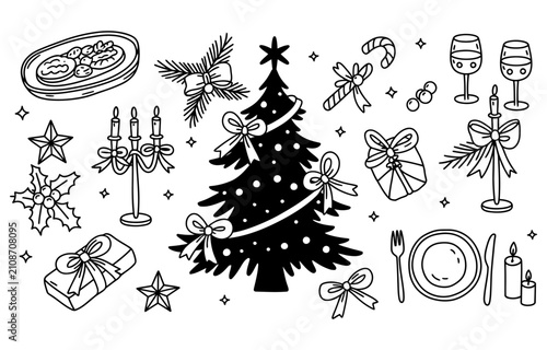 Christmas festive hand drawn doodle set with tree gifts ornaments and holiday dinner elements for winter seasonal cards and party decoration Vector, illustration