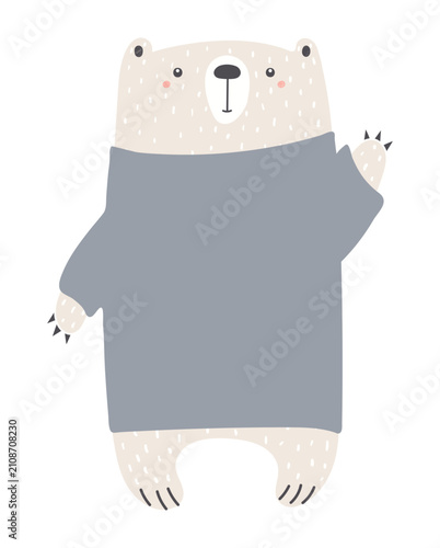 Cute white bear in sweater waving illustration isolated. Friendly playful ani...