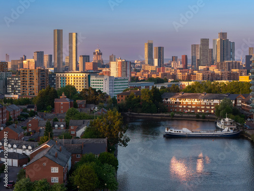 Salford and Manchester skyline at golden hour