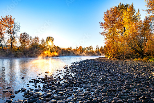 Fall misty sunrise on the Boise River Idaho