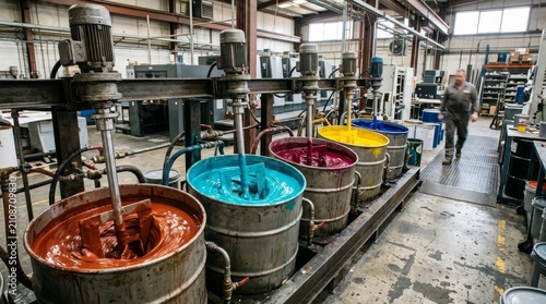 Worker walks past colorful paint drums in an industrial factory
