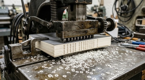 Industrial stamping machine presses metal sheet to cut circular washers.