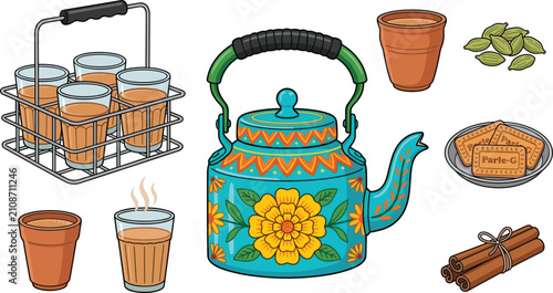 Bild auf Leinwand Traditional Indian Tea Collection with Decorative Teapot, Clay Cups, Masala Chai