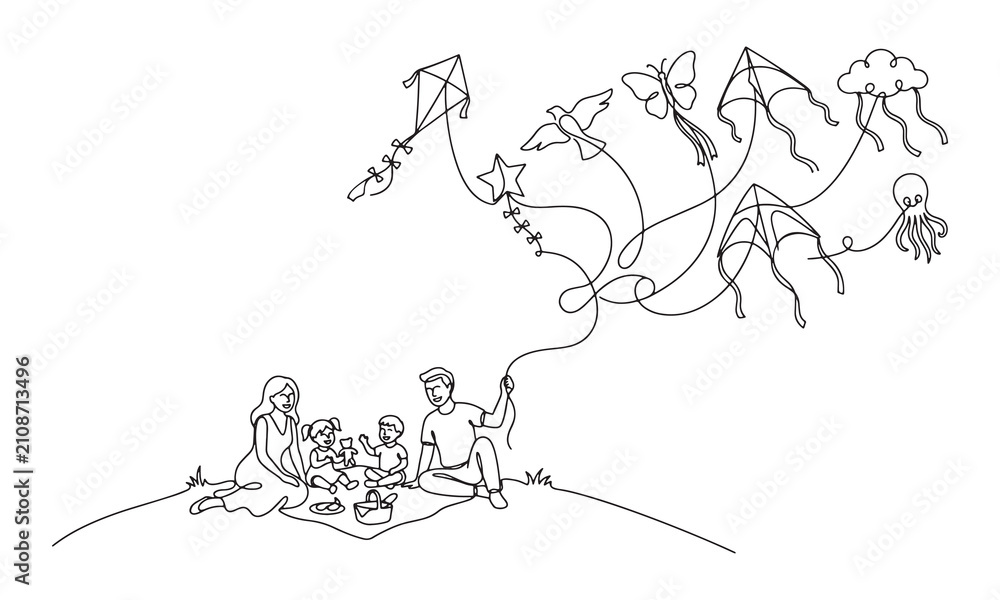 Obraz premium Continuous single line of a family having a picnic on a grassy hill with many kites flying in the sky, including a bird, butterfly, cloud, and octopus shape, white background