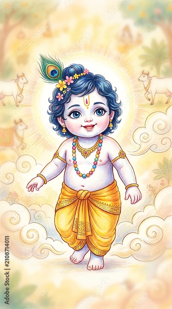 Fototapeta premium Adorable baby krishna illustration with peacock feather and cows