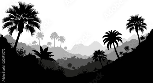 Tropical Palm Trees And Hills Landscape Silhouette