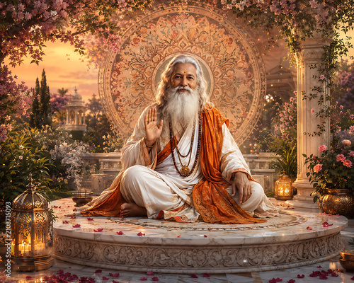Guru purnima spiritual master blessing devotees in a floral temple garden during hindu religious festival ceremony with sacred mandala incense smoke and lanterns