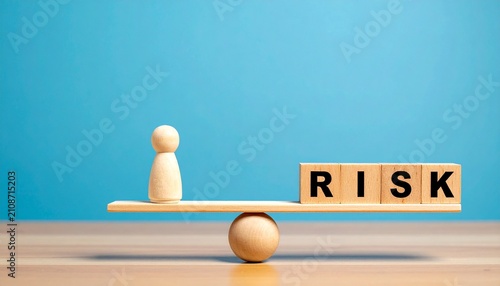 Risk Assessment Concept with Wooden Peg Doll and RISK Wooden Blocks Balanced on Seesaw Scale Over Solid Blue Background