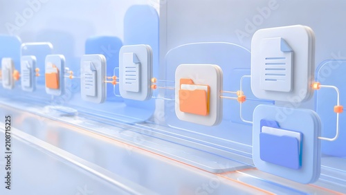 Abstract 3D rendering of digital files and folders flowing through a streamlined system, representing efficient data management, cloud computing, and modern business workflow optimization.