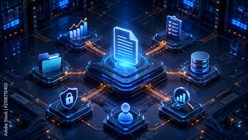 Centralized document management system concept with data flow and security, connecting digital assets like folders, databases, and analytics in a futuristic network environment.