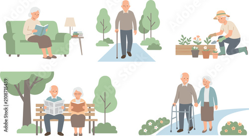 Senior citizens active lifestyle vector set featuring elderly people gardening walking reading and enjoying retirement outdoor and indoor activities,