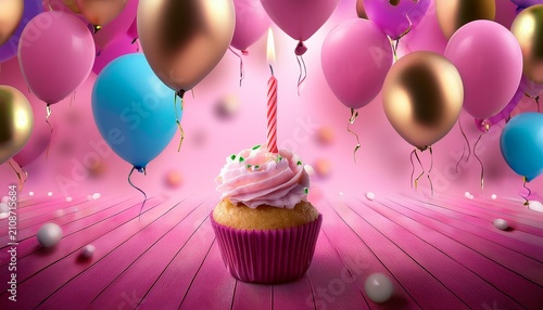 birthday cupcake with lit candle surrounded by decorative balloons and pink abstract background