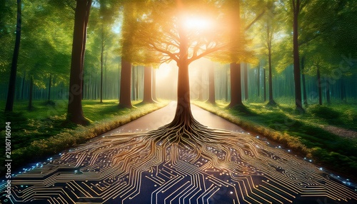 tree with glowing roots on circuit board path in forest sunlight technology nature