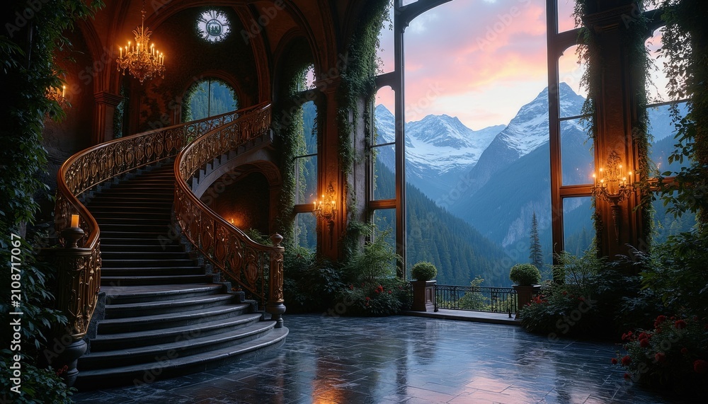 Obraz premium Grand stone staircase inside fantasy castle with mountain view through tall windows. Majestic ornate architecture features elegant luxury interior design with glowing chandeliers. Magical fairy tale