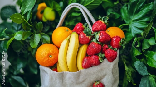 Reusable shopping bag overflowing with fresh oranges, bananas, and strawberries, nestled amongst lush green foliage.