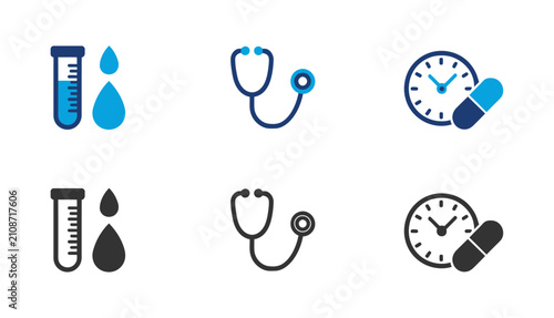 Cuadro en lienzo Medical icons set test tube stethoscope and pill with clock color and monochrome