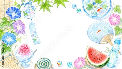 朝顔やスイカにかき氷など日本の夏の風物詩を詰め込んだ色鉛筆手描き風イラスト