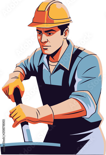 Construction worker operating heavy machinery with protective hard hat
