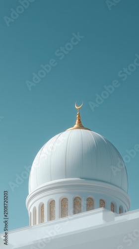 Elegant White Mosque Dome with Golden Crescent Against Clear Blue Sky