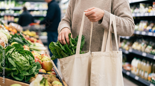Person shopping for fresh vegetables in a grocery store with reusable bags thanksgiving
