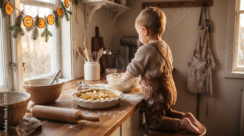 Toddler kneeling on stool baking homemade apple pie in cozy kitchen thanksgiving
