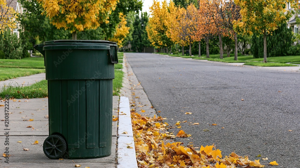 Obraz premium Green wheeled bin curbside on suburban street with autumn leaves