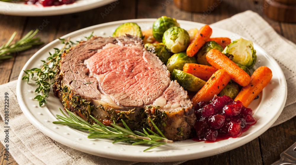 Obraz premium Roasted prime rib beef dinner with brussels sprouts and carrots thanksgiving