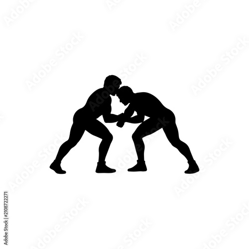Bild auf Leinwand Silhouette of two wrestlers competing in match on white background during sports event