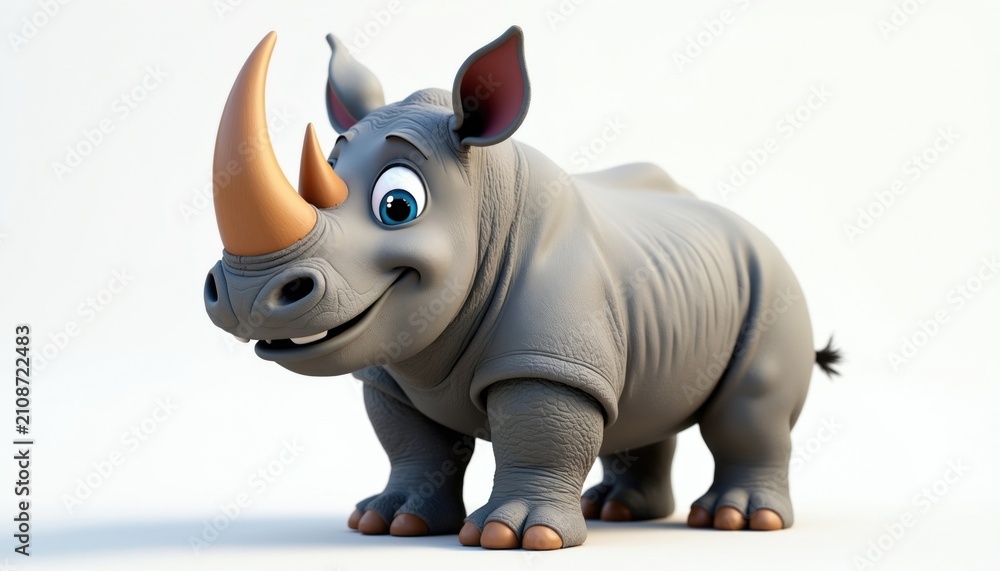 Fototapeta premium Friendly cartoon rhino stands on white background. This smiling mammal with big horn is cute character for kids. Adorable wildlife illustration for fun designs.