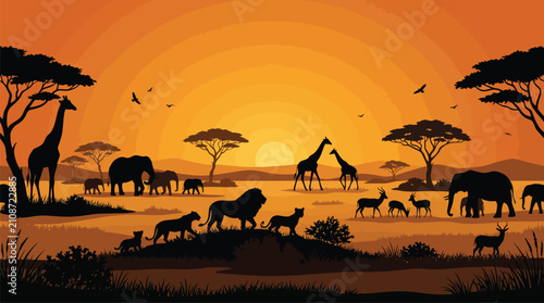 African Savanna Sunset Vector Background - Lion Pride, Elephant Herd, Giraffe and Wildlife Silhouette Illustration