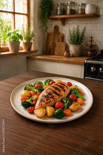 Grilled chicken breast with vegetables broccoli and potatoes on plate in cozy home kitchen