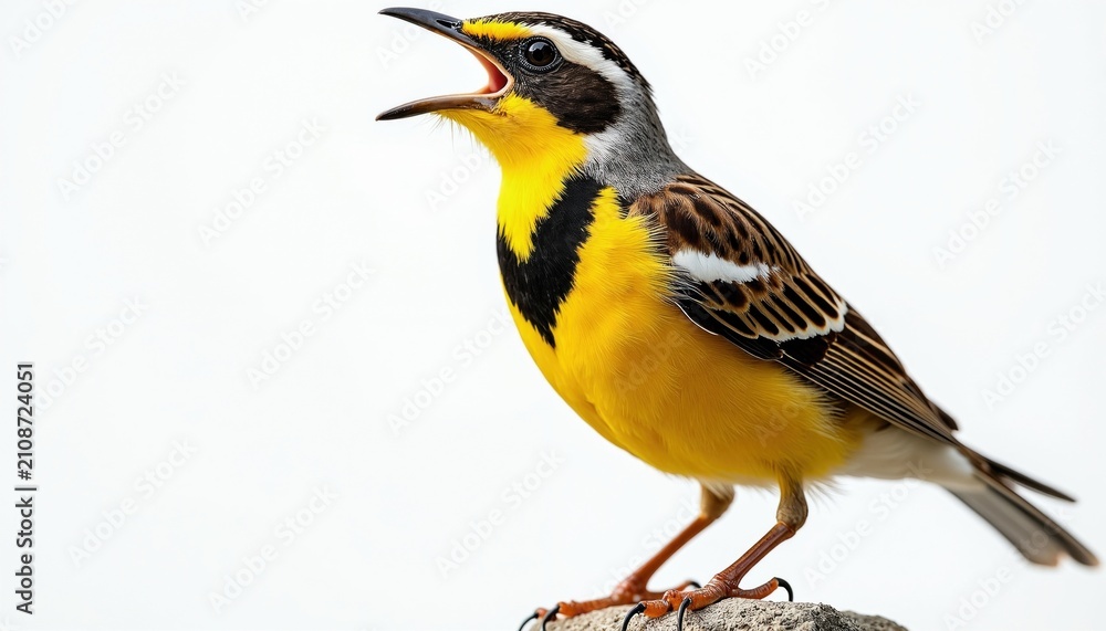 Obraz premium Western meadowlark bird sings with open beak isolated on white background. Yellow breast features black V shape marking. Small songbird perches on rock. Wild creature vibrant colorful feathers.