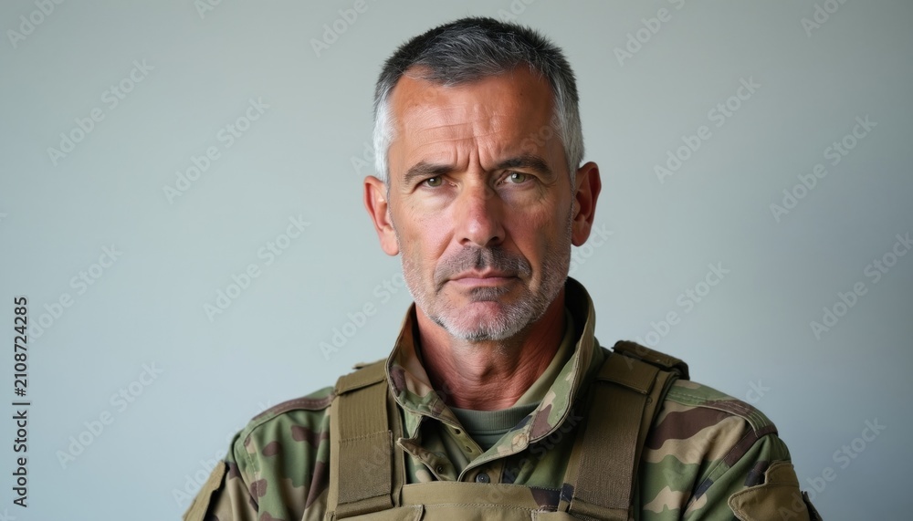 Fototapeta premium Mature male soldier wearing camouflage military uniform stands against neutral grey background. Caucasian veteran serious face expression, confident look. Experienced fighter shows strength,