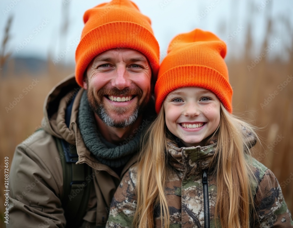 Obraz premium Happy father, young daughter wear bright orange hats outdoors. Bearded man with child smile together during autumn hunt. Family portrait in camouflage gear stands in dry grass field. Outdoor
