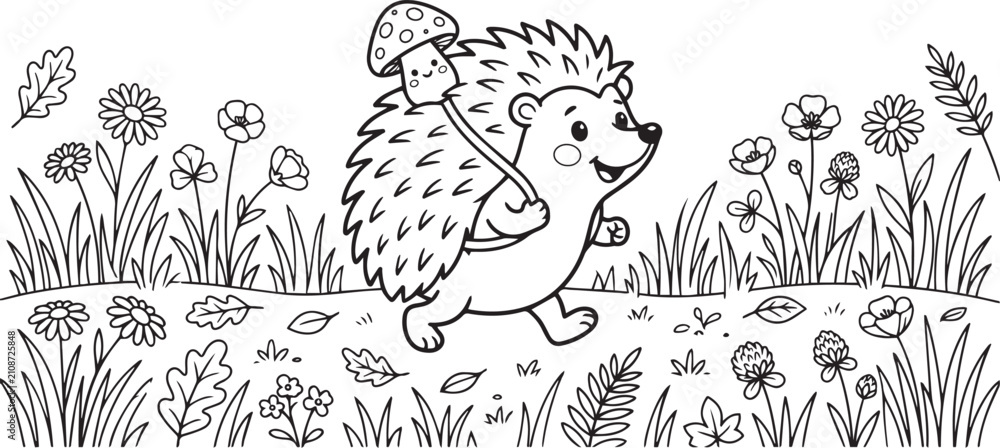 Fototapeta premium Cute Hedgehog Carrying Mushroom in Flower Meadow Coloring Page for Kids
