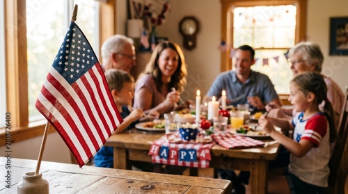 Close-up of American flag on dining table with blurred happy diverse family celebrating in background.