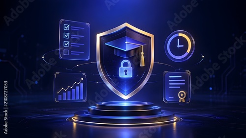 Digital education and secure learning concept with a graduation cap on a shield, representing protected knowledge, academic achievement, and career success.
