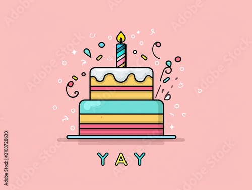 colorful birthday cake with candle and celebration elements