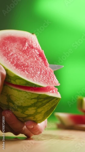 Man cutting watermelon - cut piece with knife. Young watermelons Citrullus lanatus. Topic - melons and gourds, farmer cultivation of watermelons