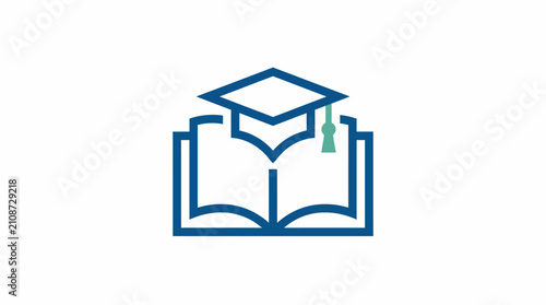 Minimalist icon of an open book with a graduation cap on top.