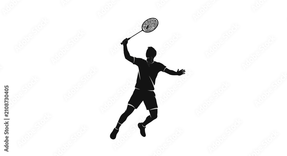 Obraz premium Silhouette of a male badminton player in action, mid-swing, preparing to hit a shuttlecock during a match.
