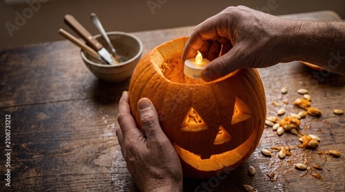 Tableau sur toile Person placing a battery powered tea light inside a carved halloween