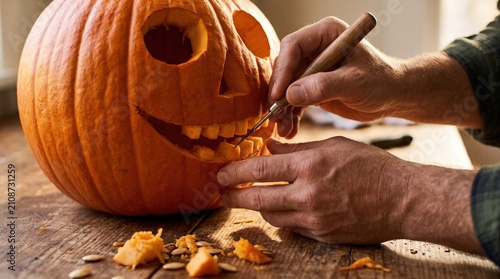 Принти на полотні Close up of hands carving detailed teeth into a halloween pumpkin