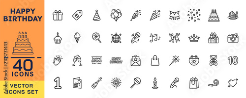 Happy birthday vector icon set 40 line icons for celebrations and party design