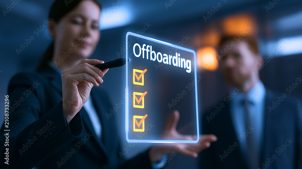 Fototapeta premium Businesswoman utilize futuristic touch screen technology virtual interface for offboarding process with checklist and completed tasks in office