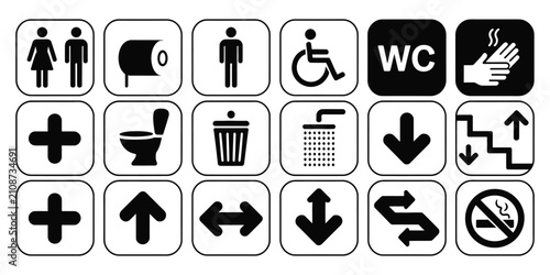 Restroom and accessibility facility icons with baby changing station, hygiene symbols, and public amenities signage for navigation vector design