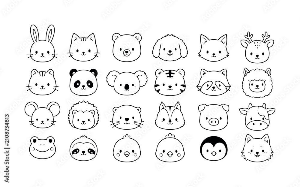 Fototapeta premium Collection of cute hand-drawn animal faces in a simple outline style