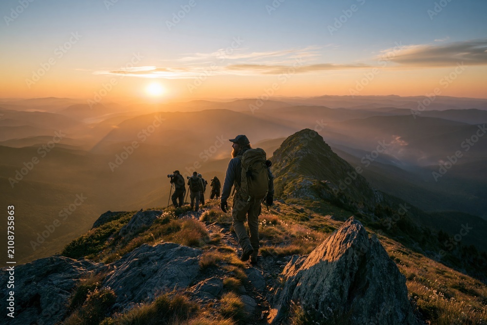 Obraz premium Nature Guide Leads Photographers to Mountain Sunrise Viewpoint as Day Begins