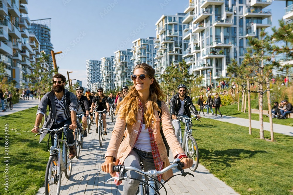 Obraz premium Bicycle Tour Guides Lead a Group Through a City Park in a Modern Urban Setting